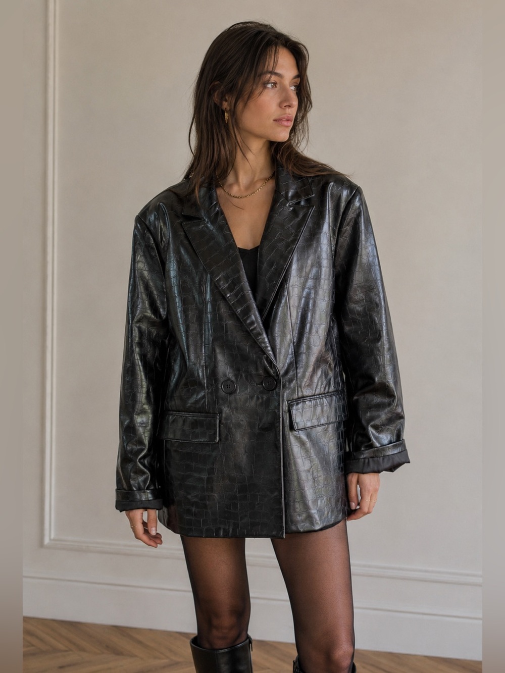 Black Faux Leather Croc-Embossed Blazer
